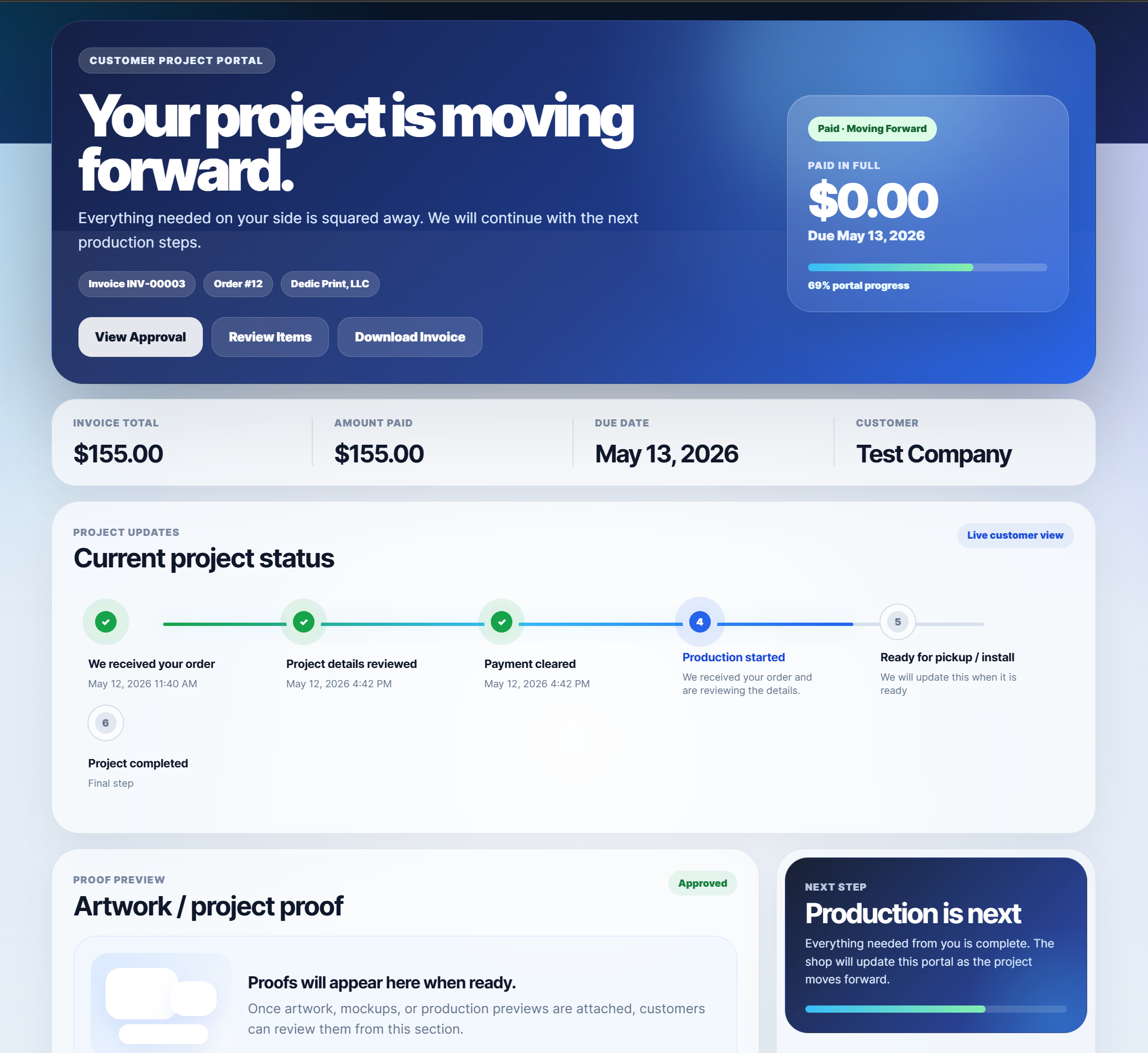 DedixCRM customer portal for order tracking, file uploads, proof approval, and payments