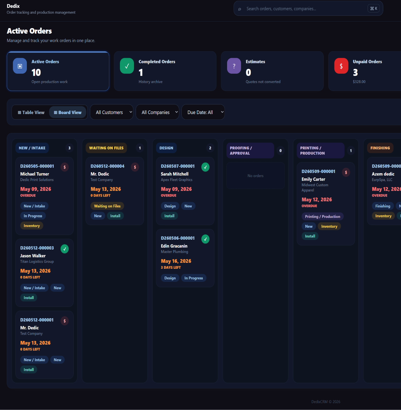 DedixCRM production board showing orders organized by workflow status